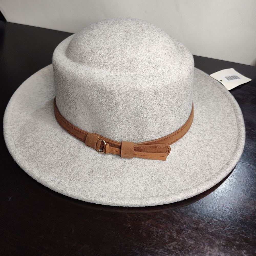 Fadivo Gray Wide Brim Fedora Hat Tan Band Boho Style NWT OS - Picture 6 of 10